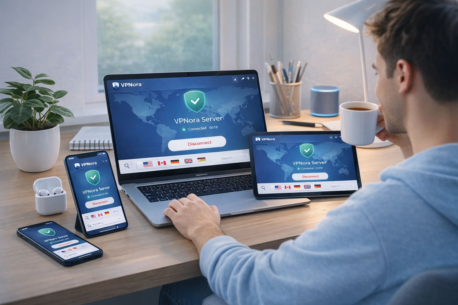vpn app running on laptop tablet and smartphone secure connection multiple devices